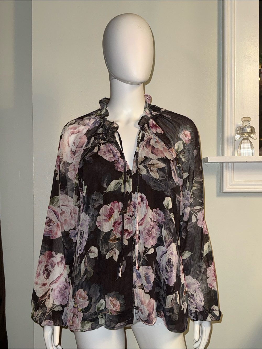 Joie Black Sheer Floral Ruffle-Tie Blouse with Pink and Lavender Flowers